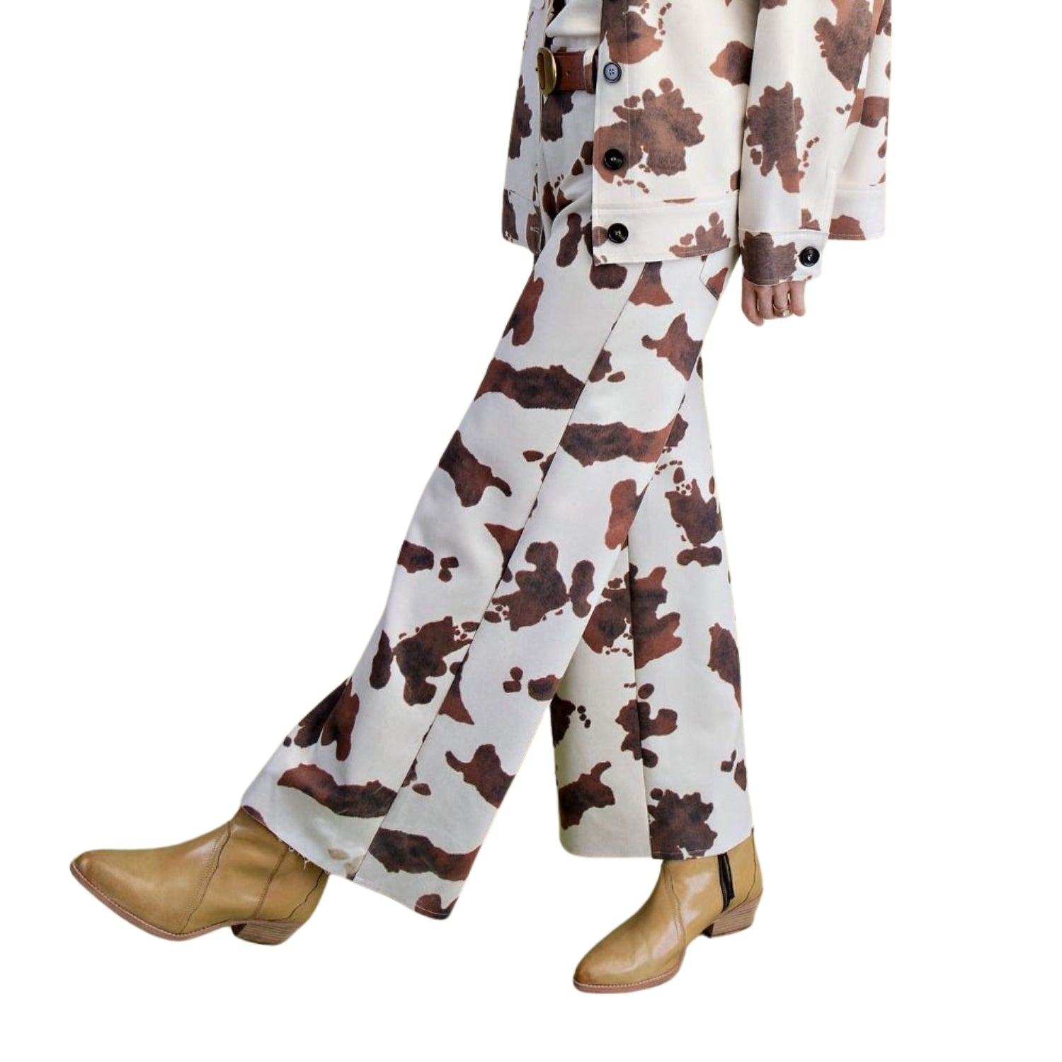 Easel Women's Cow Print Stretch Suede High Rise Wide Leg Pants, Khaki