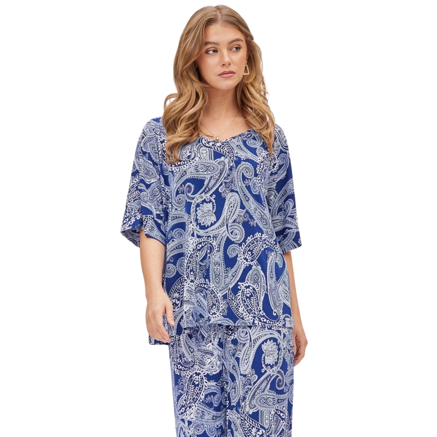 Dear Scarlett Womens Cabana Half Sleeve Top with Pants Travel Set, Navy