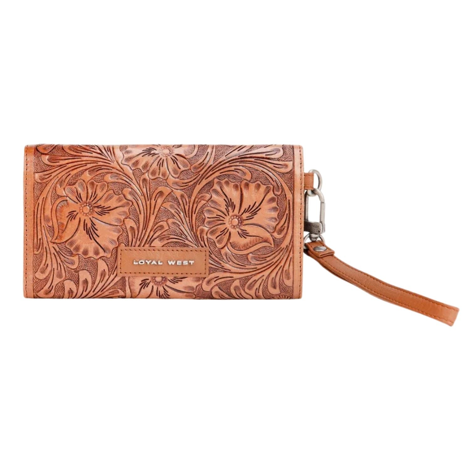 Loyal West Womens Drover Hand-tooled Floral Leather and Calfskin Wallet- Brown
