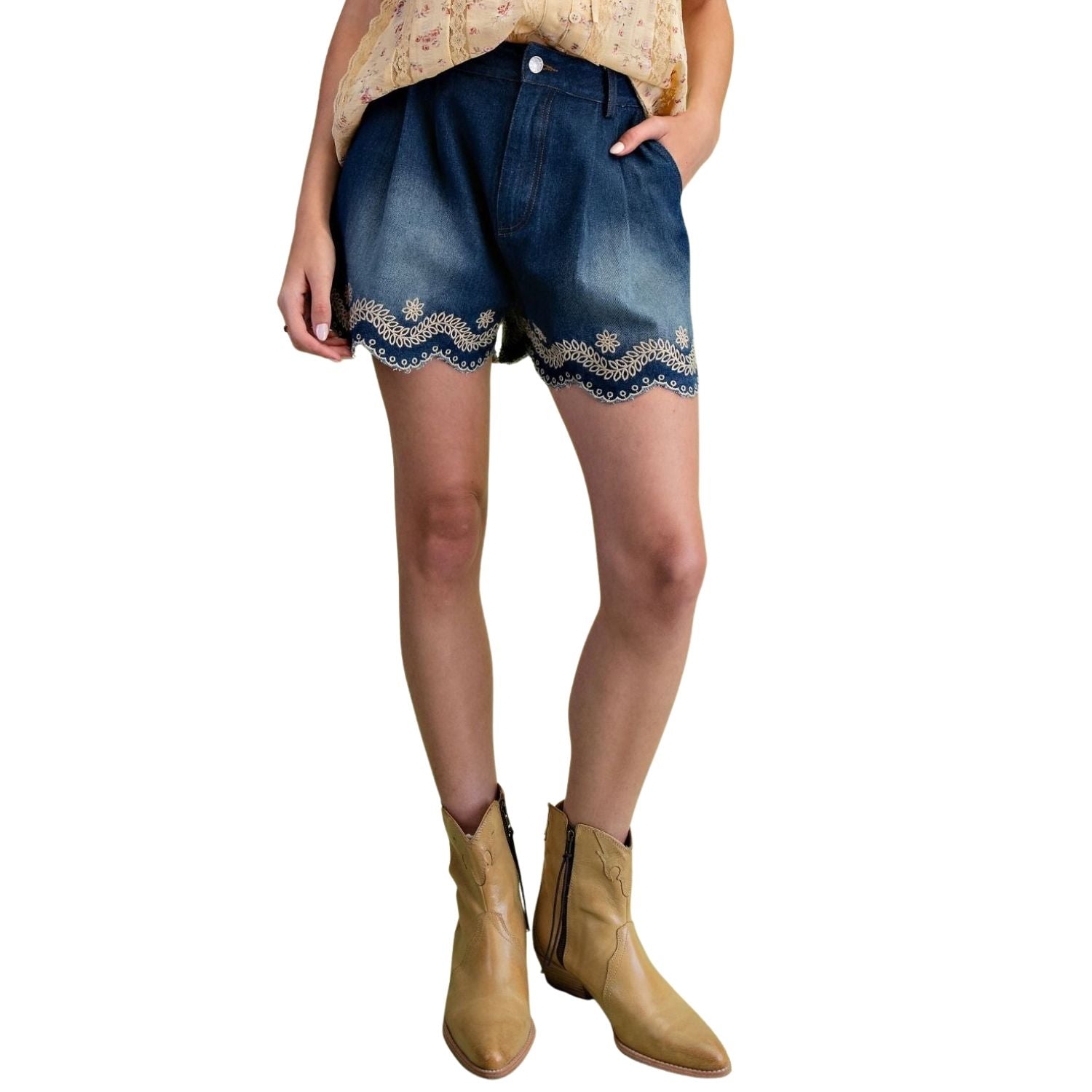 Easel Womens Floral Embroidered Hem Relaxed Easy Fit Denim Shorts- Dark Denim