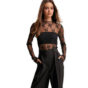 Listicle Women's Sheer Floral Lace Long Sleeve Top, Black