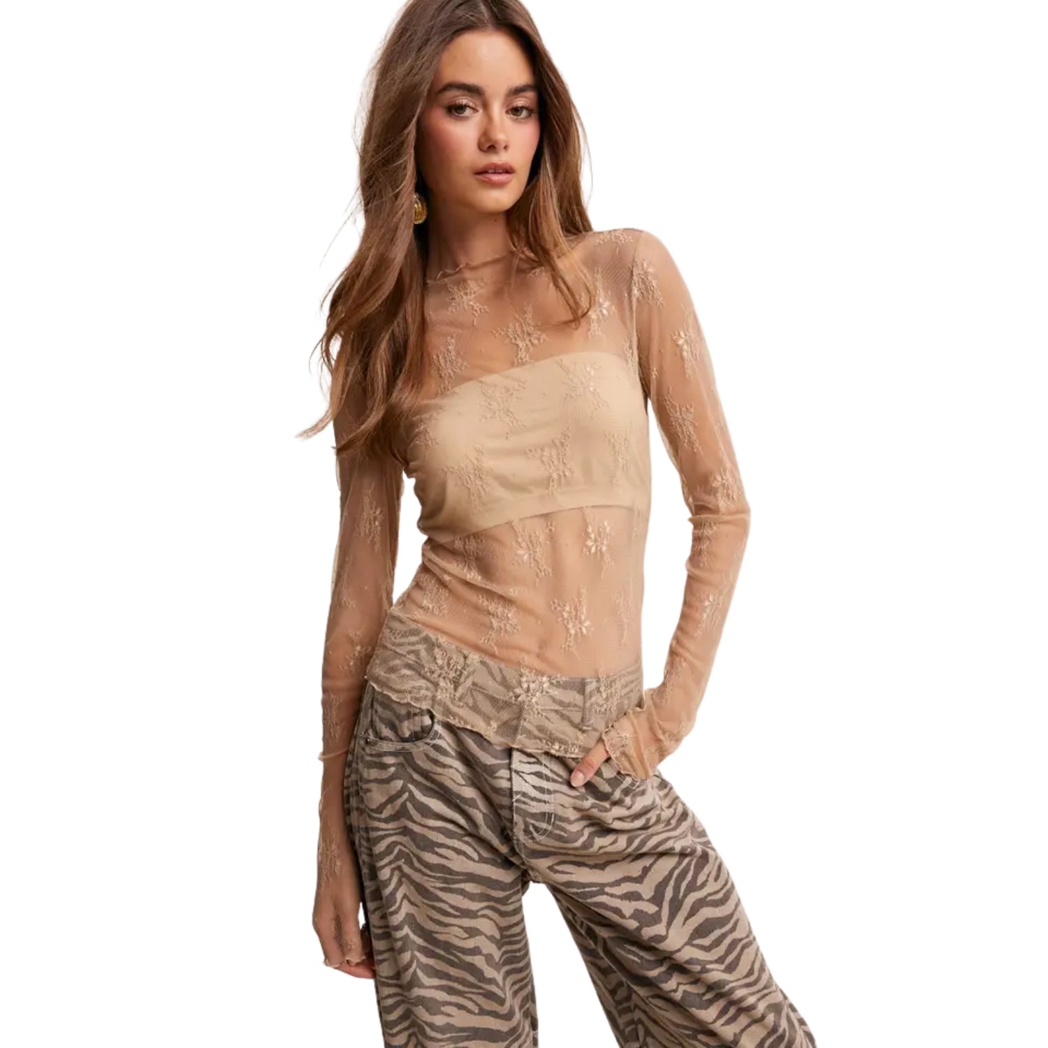 Listicle Women's Sheer Floral Lace Long Sleeve Top, Beige