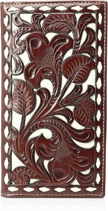 Nocona Mens Floral Embossed White Buck Inlay Leather Rodeo Wallet