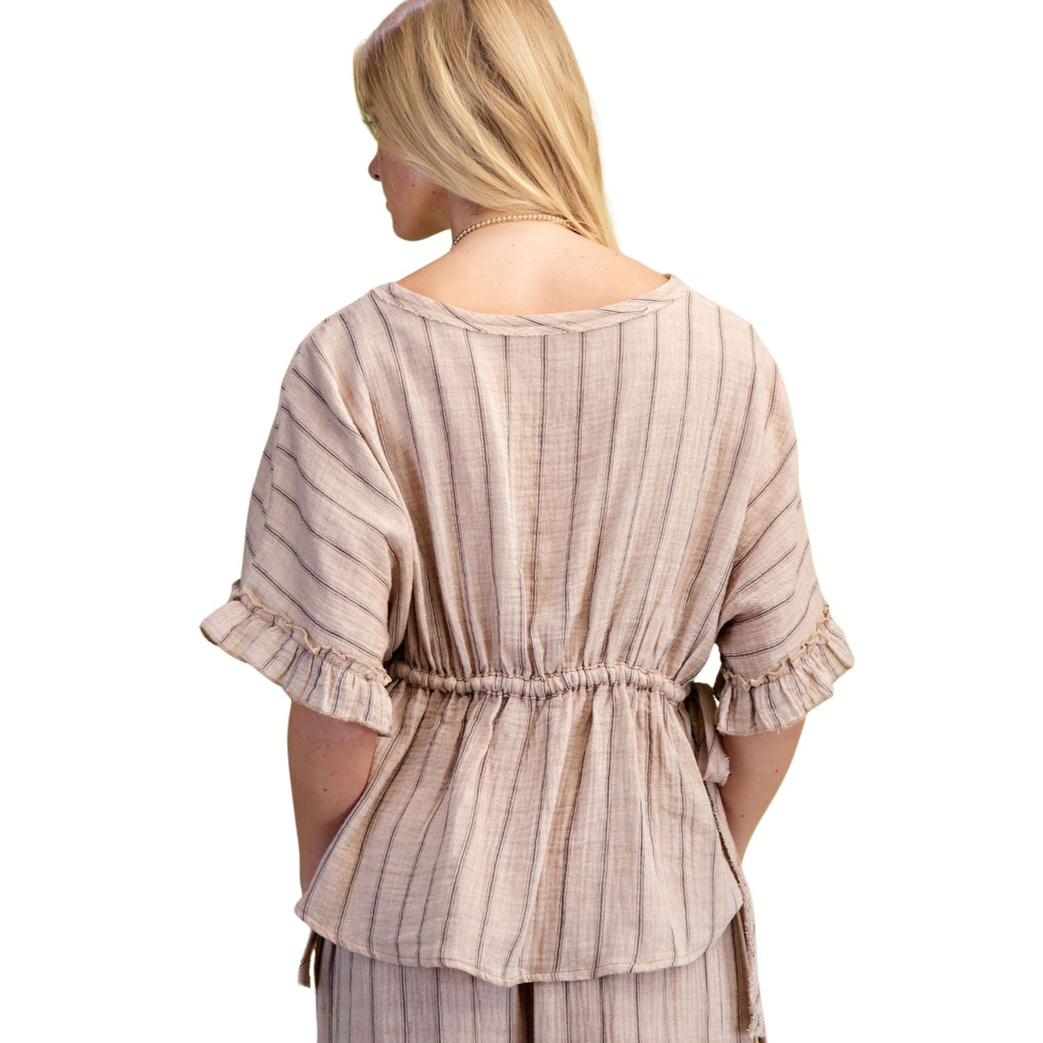 Easel Womens Winged Ruffle Sleeve Striped Cotton Gauze V-Neck Top- Mocha