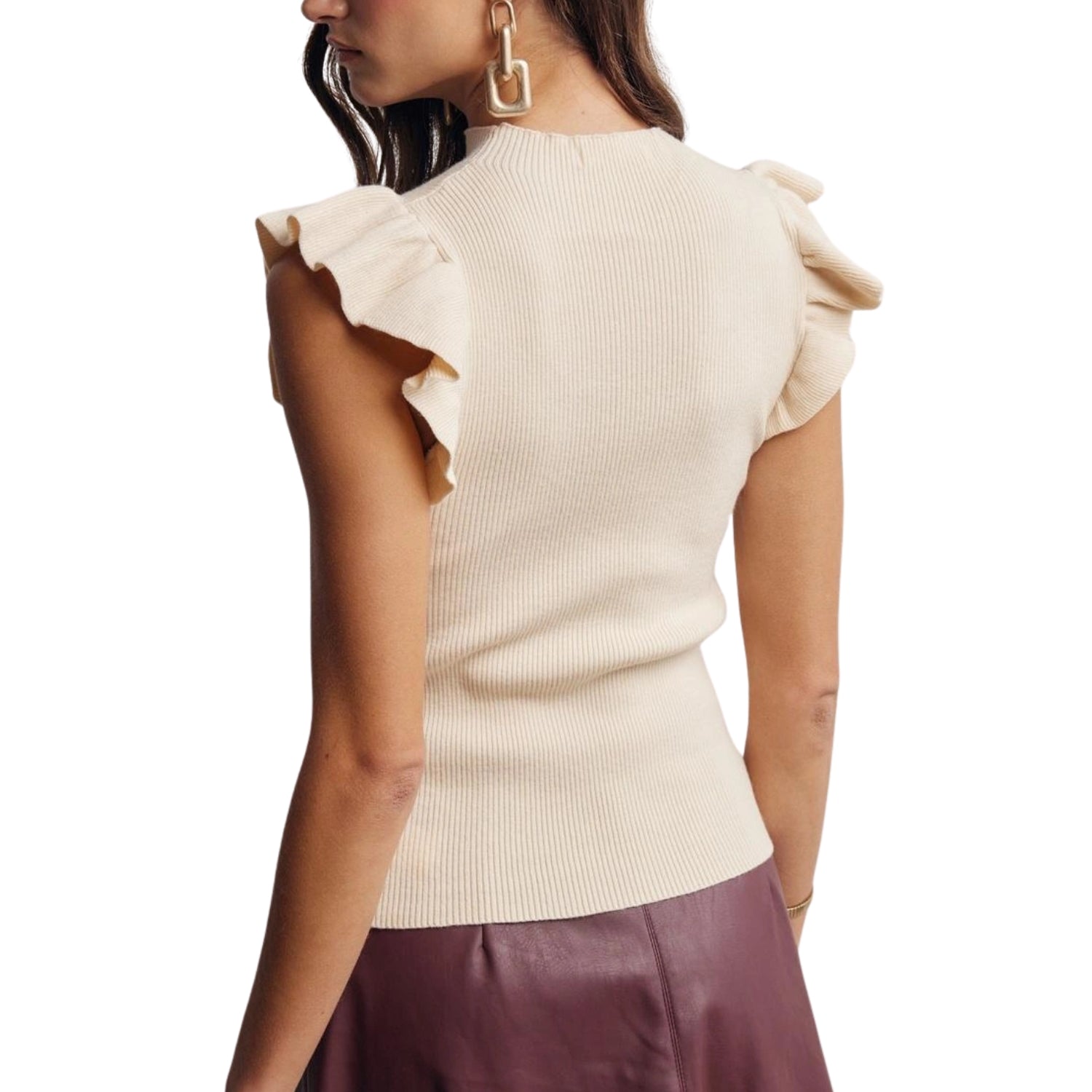 Listicle Forte Women's Ruffle Sleeve Rib Knit Mock Neck Top, Cream