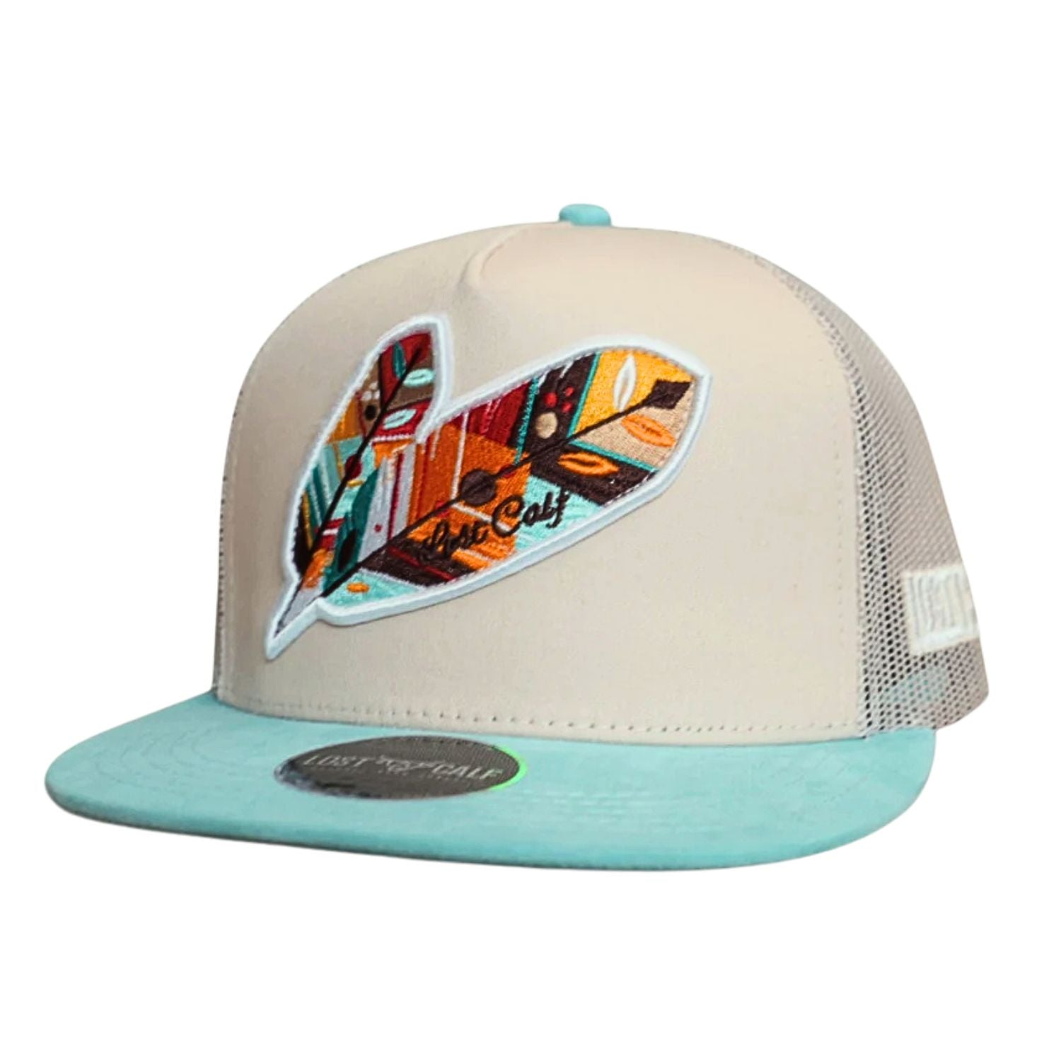 Lost Calf Mens Tribe Patch Flat Bill Adjustable Snapback Cap Hat, Cream/Teal