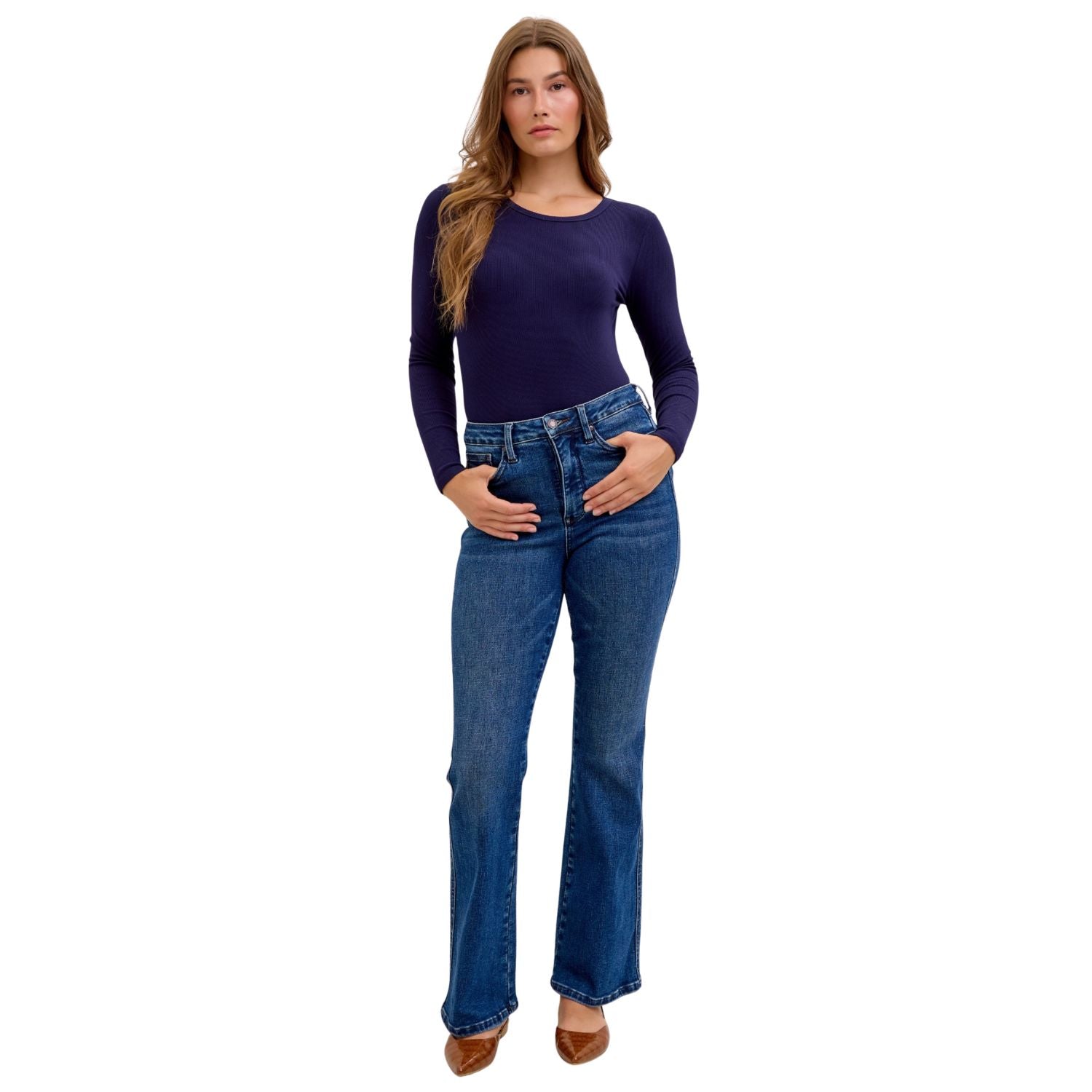 Judy Blue Womens High Waist Tummy Control Short Inseam Bootcut Jeans, Dark wash