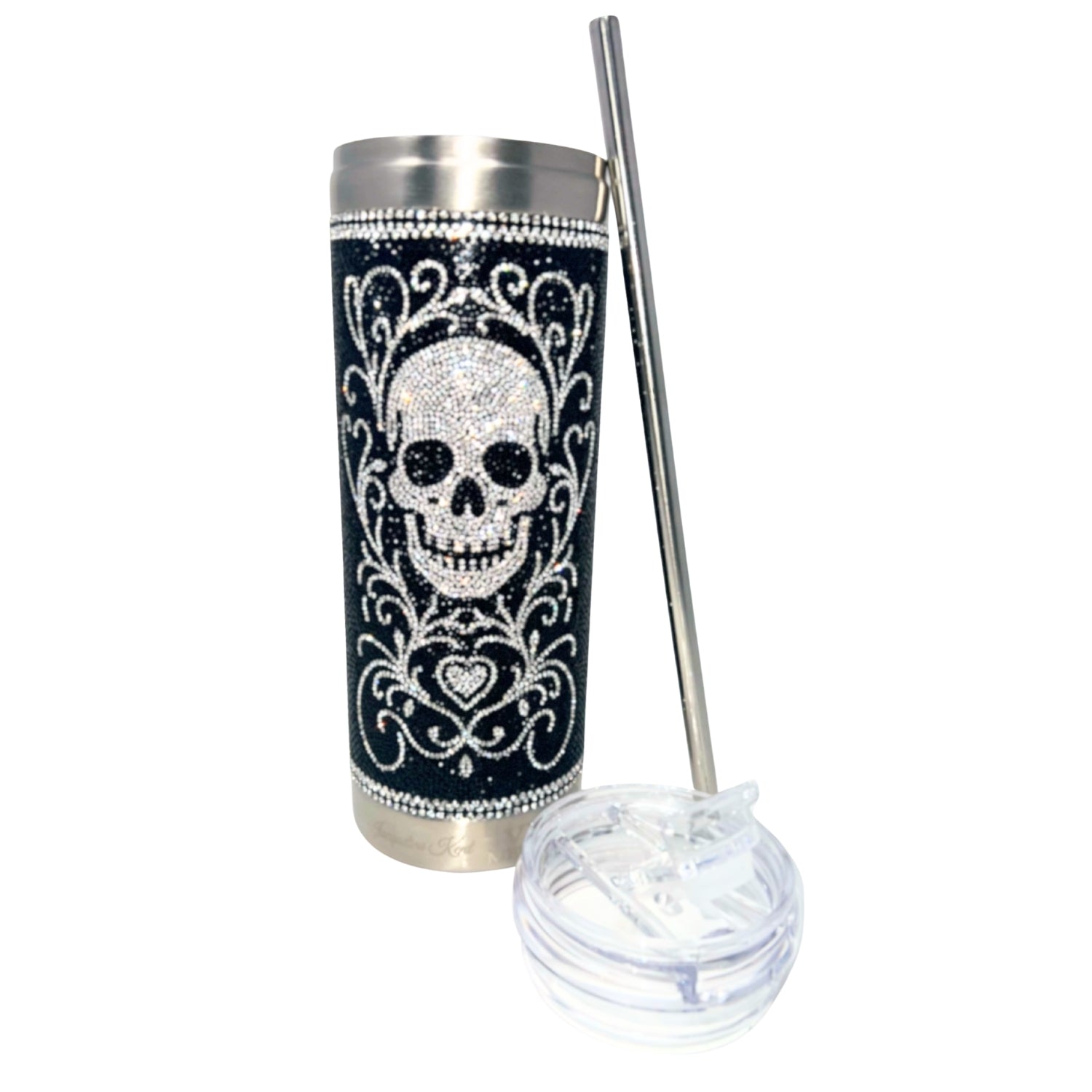 Jacqueline Kent Crystal Sugar Skull Tumbler, Black Silver 20oz