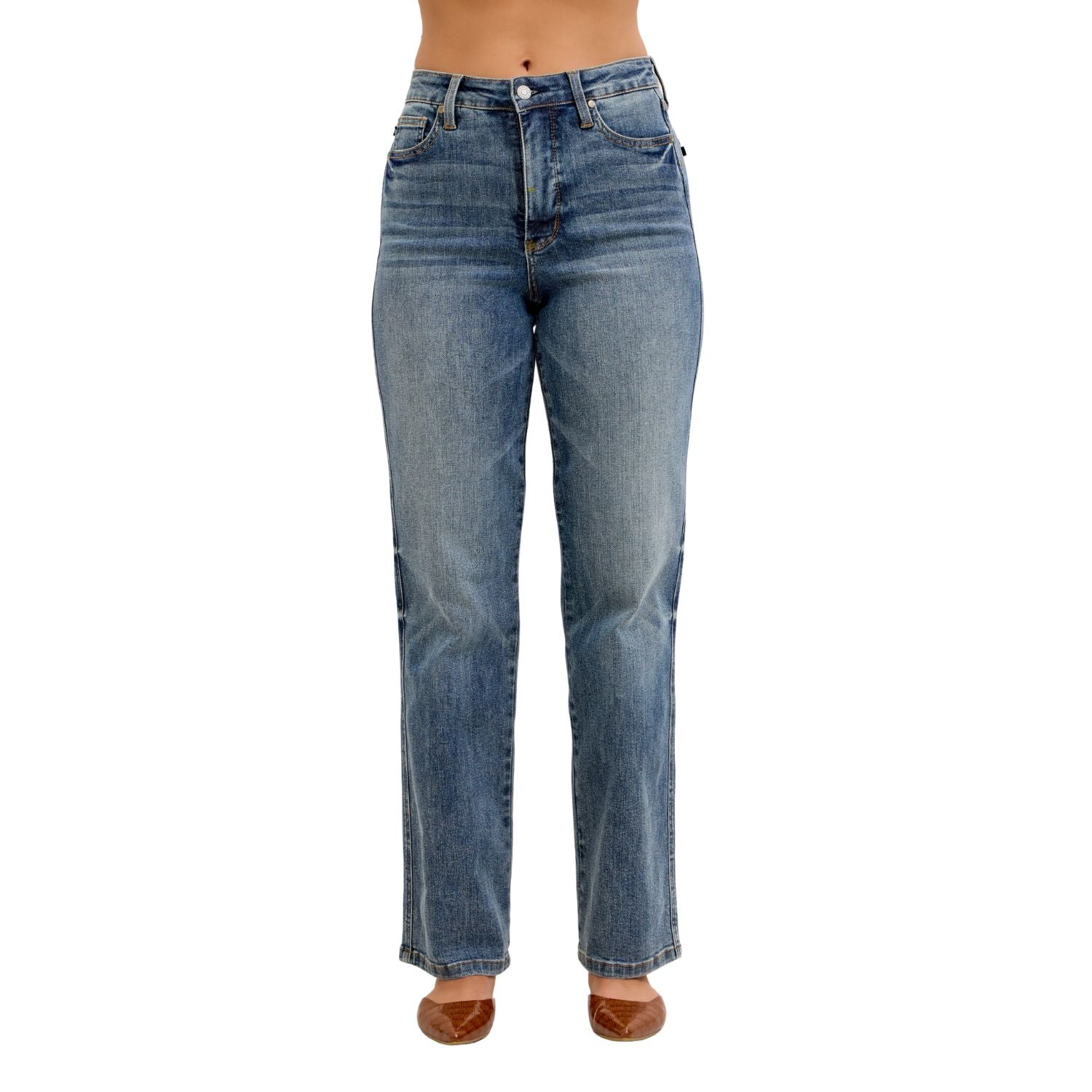 Judy Blue Womens High Rise Tummy Control Straight Jeans - Medium Blue Stretch