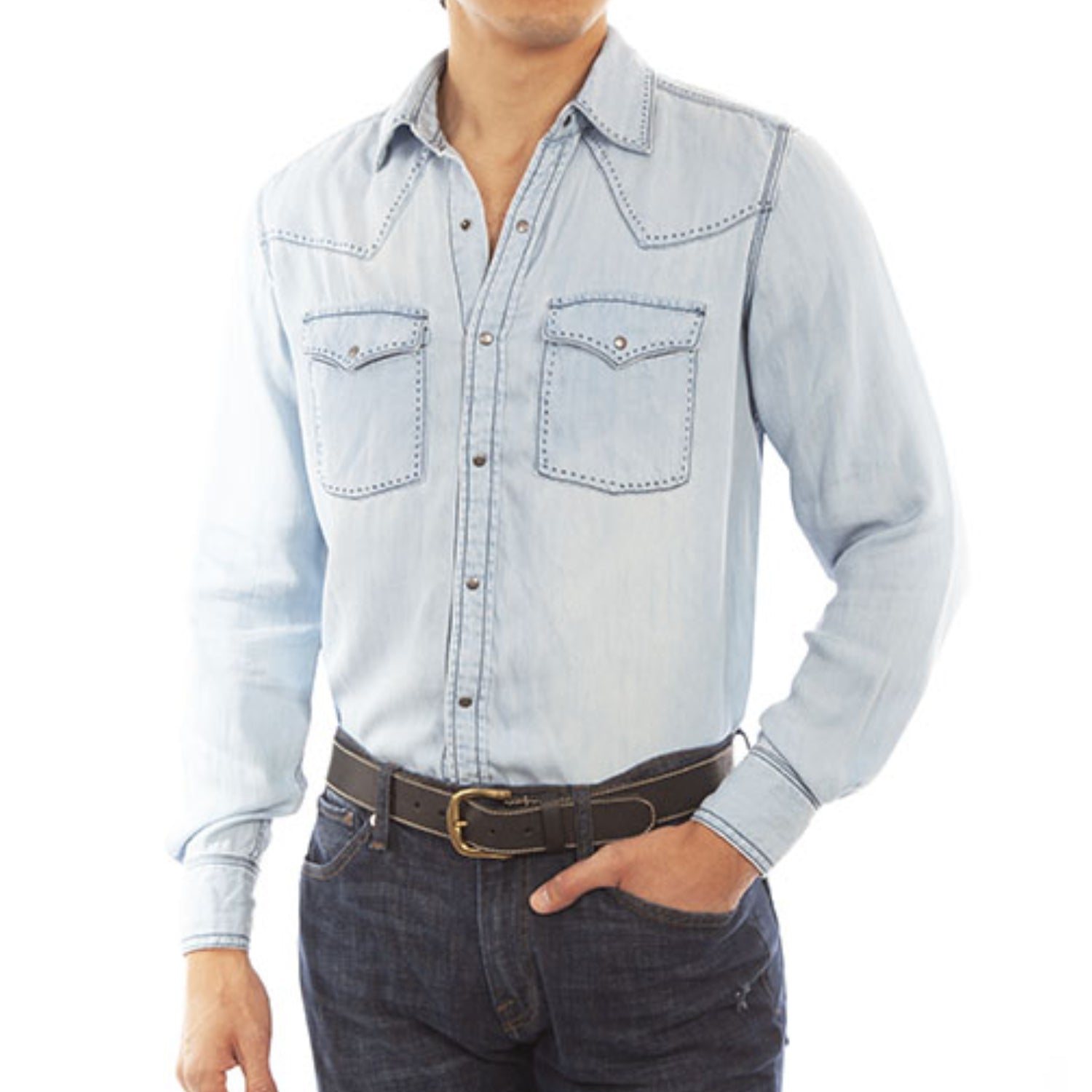 Scully Men's Lightweight Tencel Denim Western Snap Shirt, Light Blue