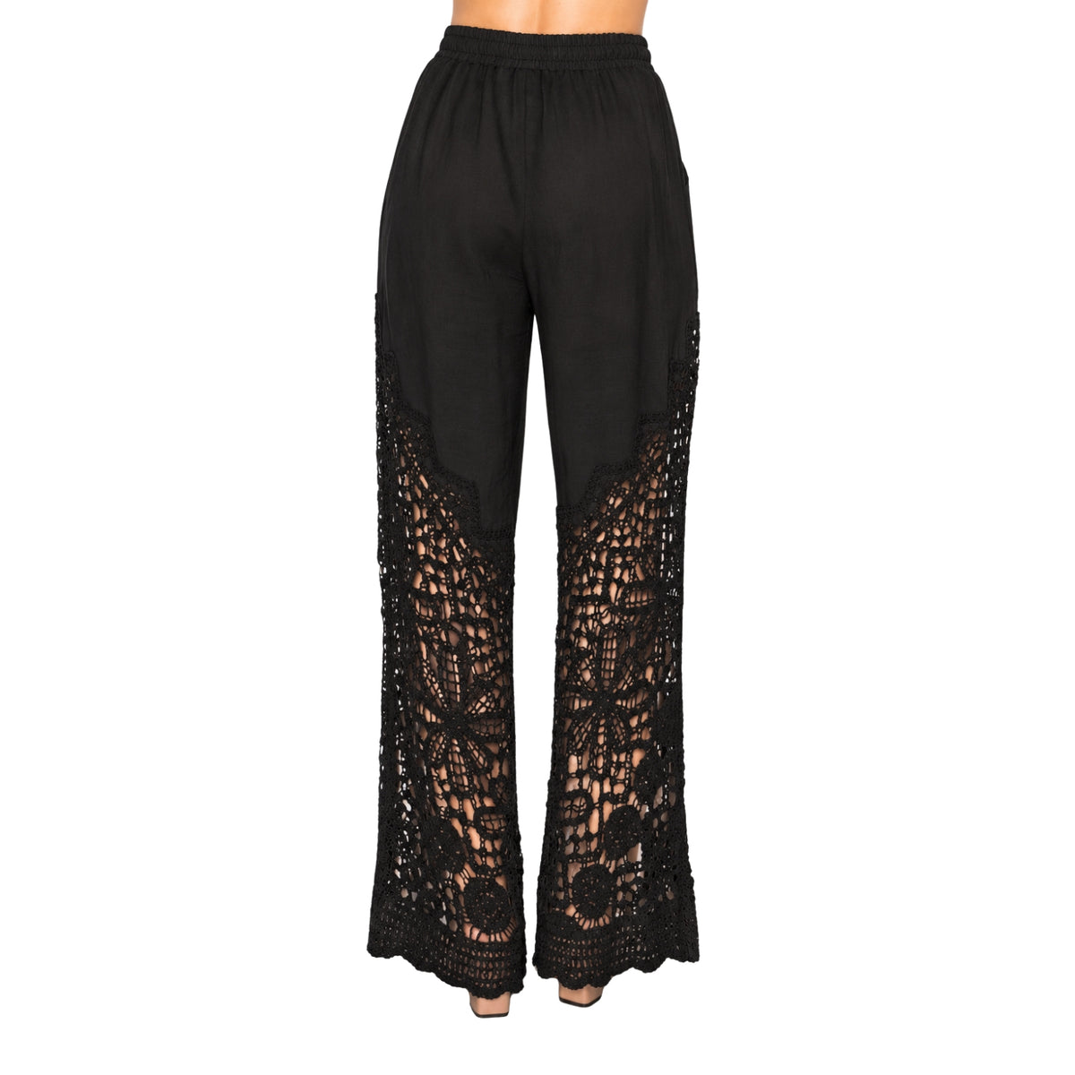 Origami Women's Crochet Lace Wide Leg Drawstring Pants, Black
