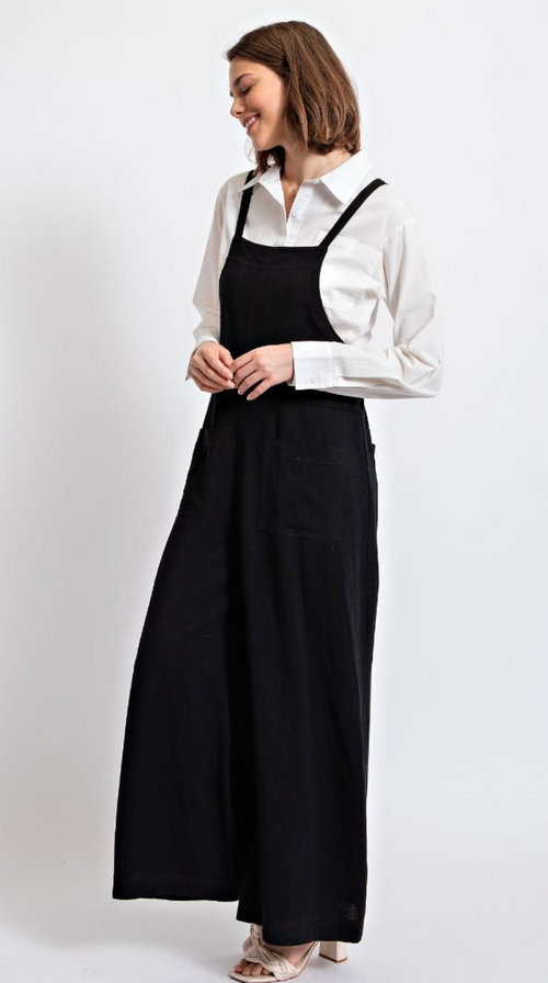 Easel Womens Textured Linen Wide leg Jumpsuit Overall, Black