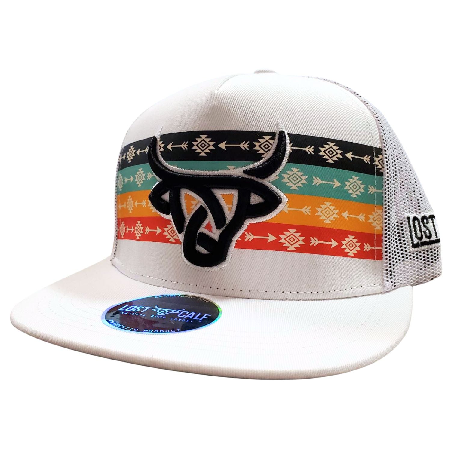 Lost Calf Mens Arrow Flat Bill Adjustable Snapback Cap Hat, White