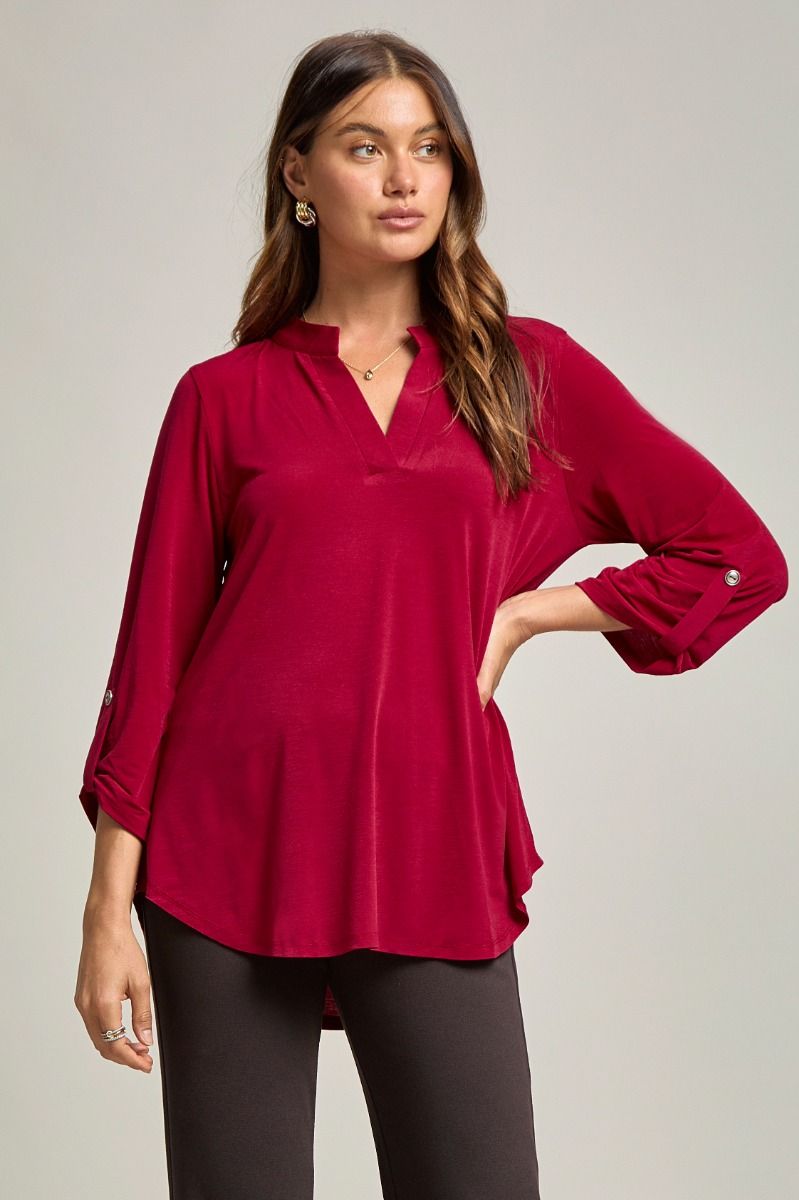 Dear Scarlett Womens Lizzy Relaxed Flowy High Low Blouse, Jewel Red