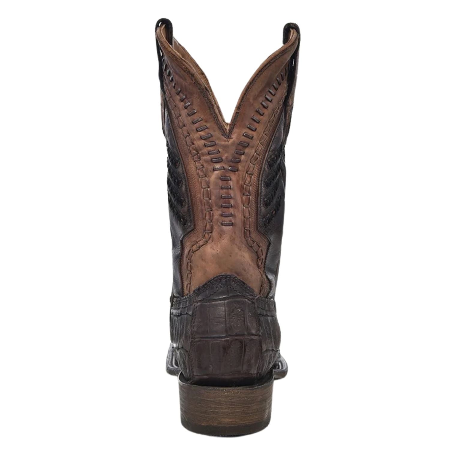 Corral Boots Mens Oil Brown Caiman Embroidered Woven Shaft Wide Square Toe Boot