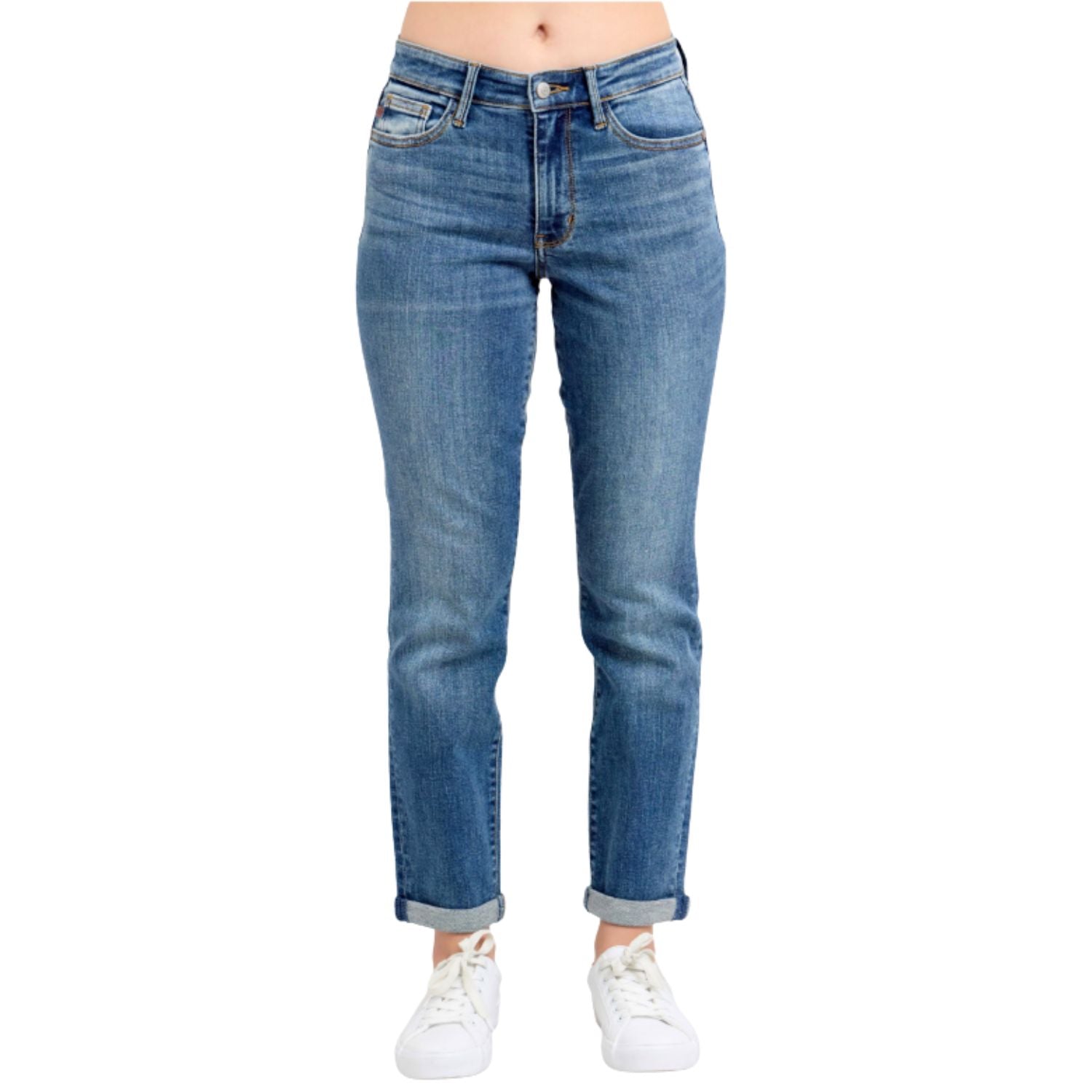 Judy Blue Womens Mid Rise Vintage Wash Non-Destroy Boyfriend Cuffed Jeans