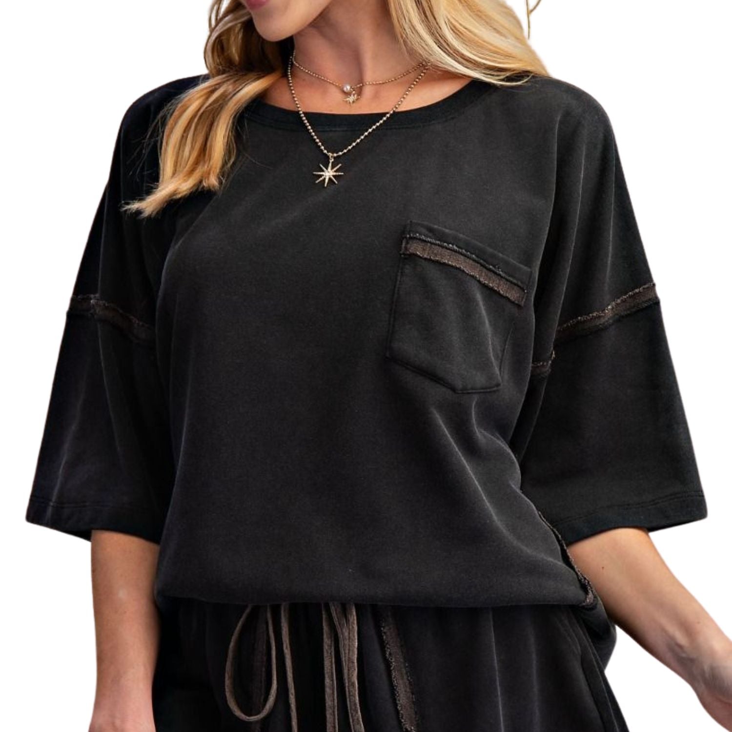 Easel Womens Oversized Drop Shoulder Washed Terry Boxy Top- Ash
