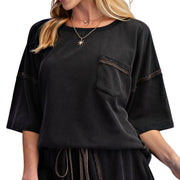 Easel Womens Oversized Drop Shoulder Washed Terry Boxy Top- Ash