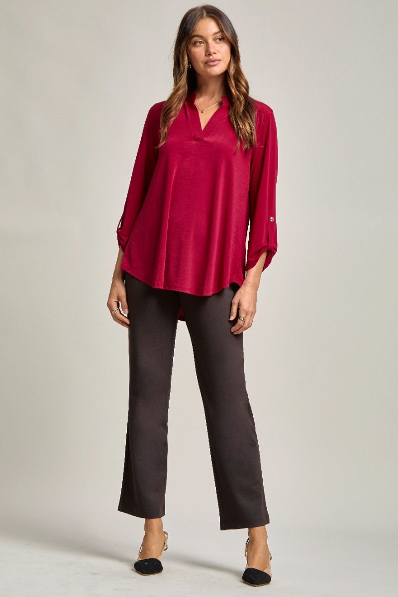 Dear Scarlett Womens Lizzy Relaxed Flowy High Low Blouse, Jewel Red