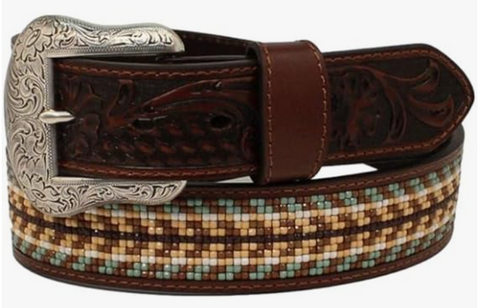 Nocona Belt Co. Mens Beaded Aztec Design Inlay Leather Belt