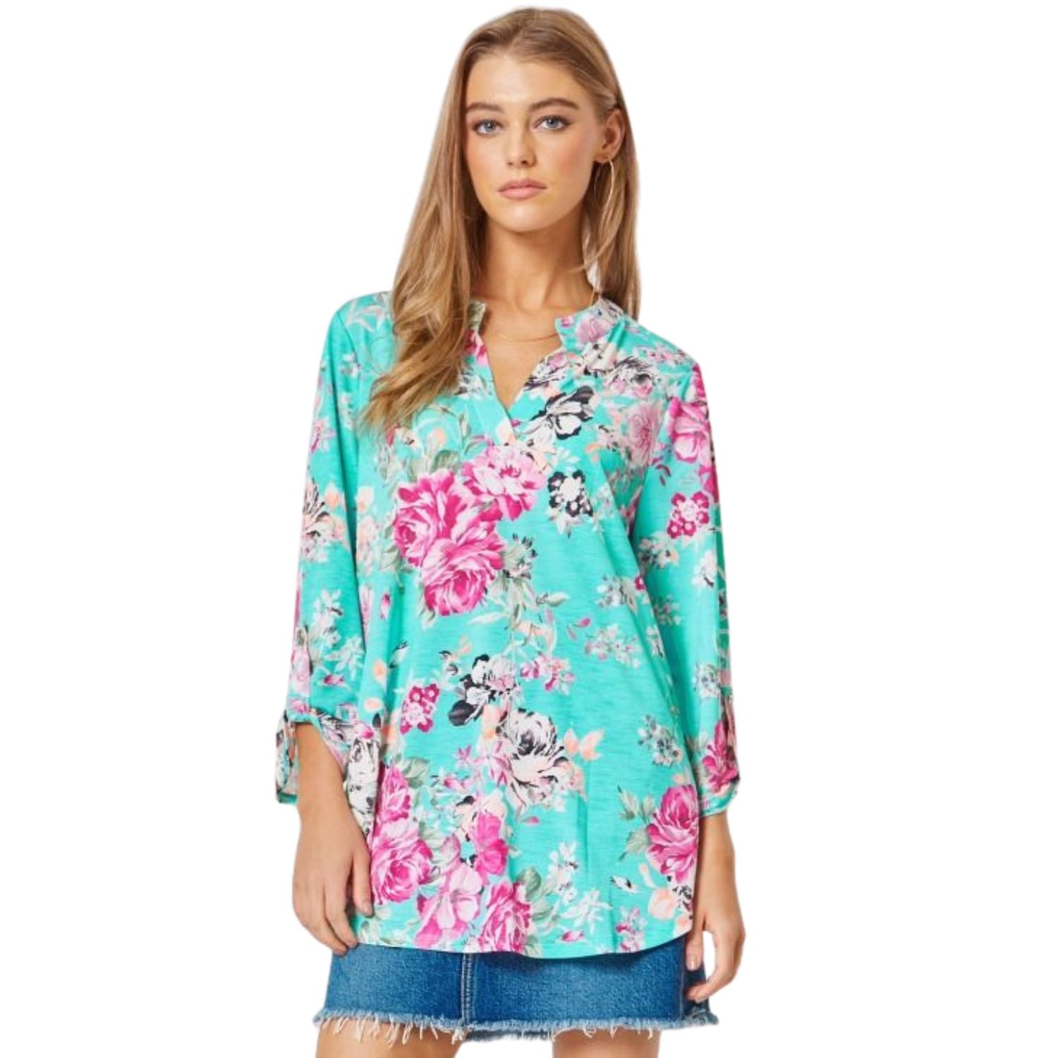 Dear Scarlett Womens Lizzy Relaxed Flowy High Low Blouse, Turquoise