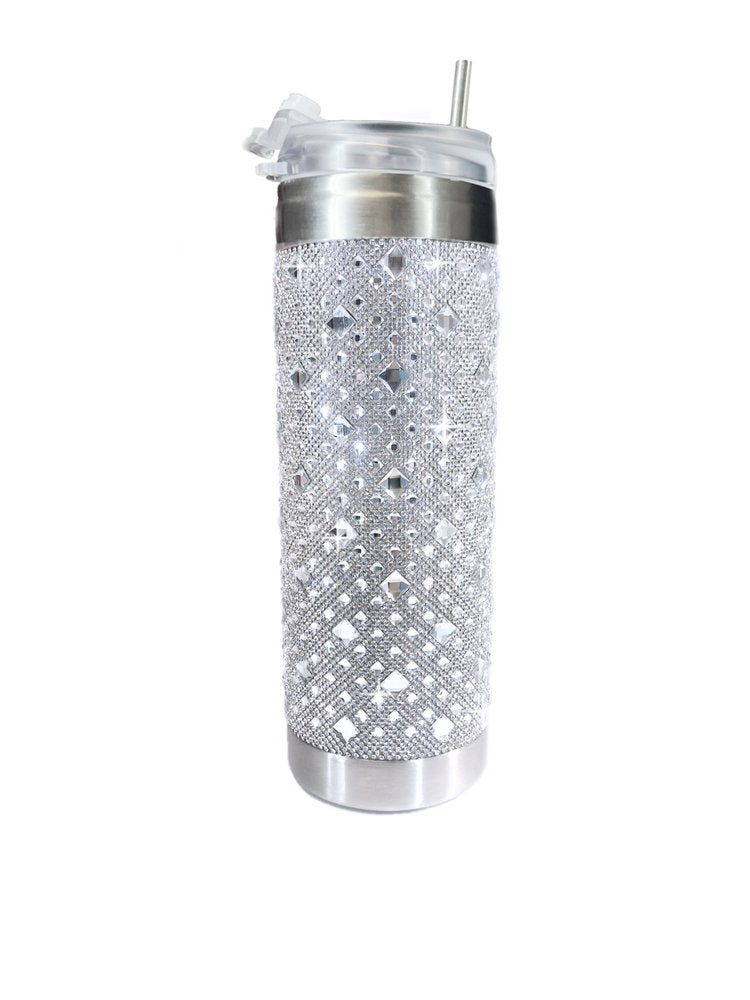 Jacqueline Kent Rhinestone 20oz Tumbler with Clear Lid, Straw and Gift Bag (White Diamond Silver)