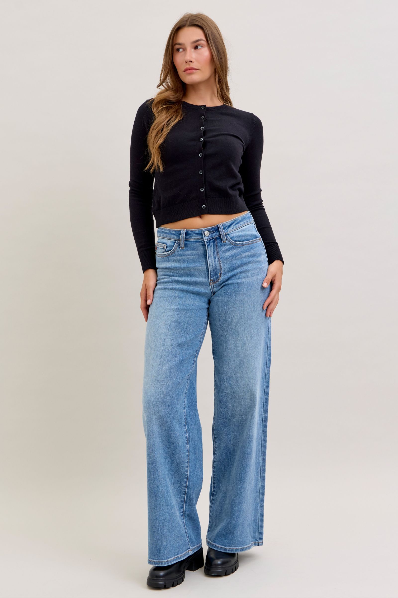 Judy Blue Womens Mid Rise Retro Wide Leg Jeans