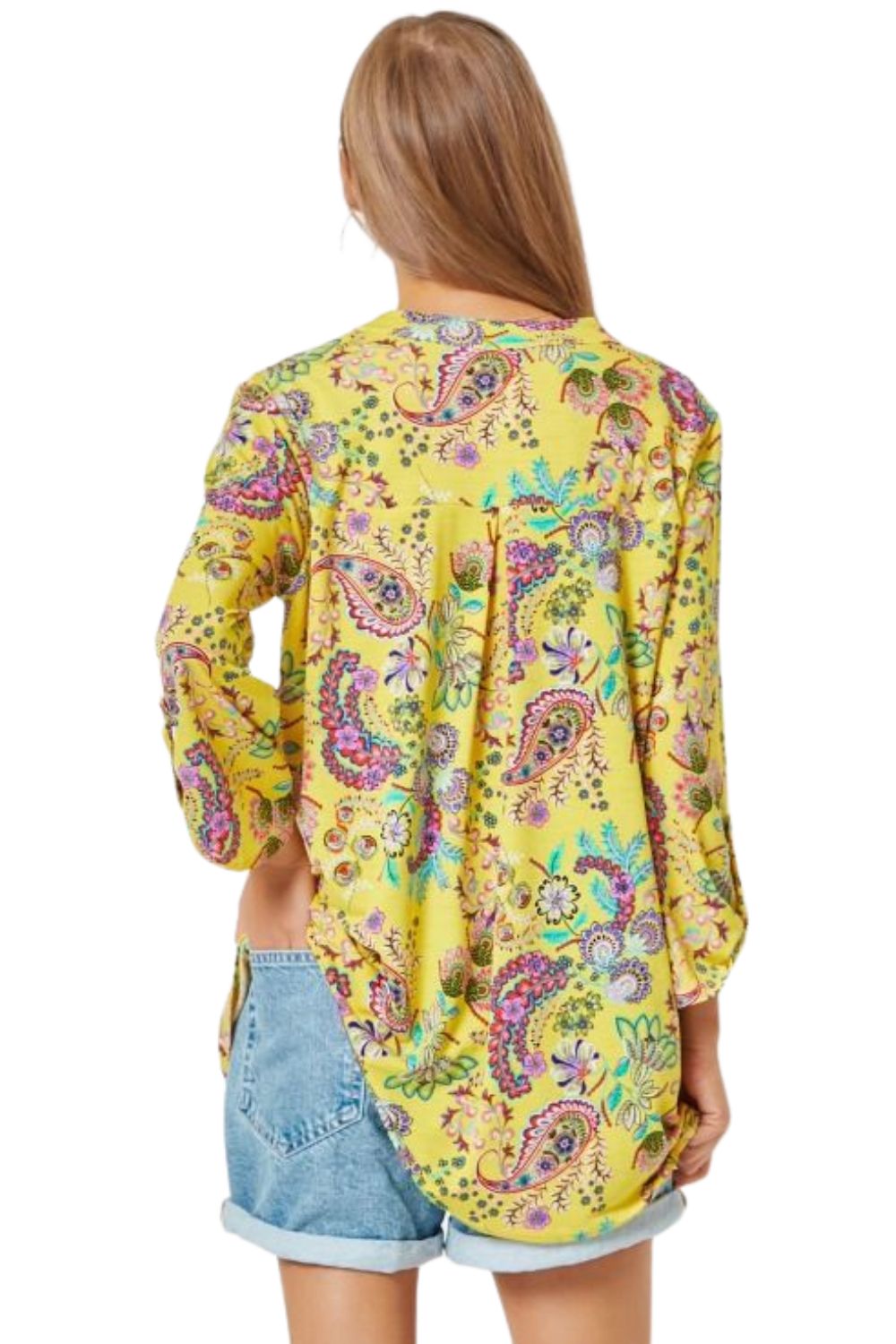 Dear Scarlett Womens Lizzy Relaxed Flowy High Low Blouse, Yellow