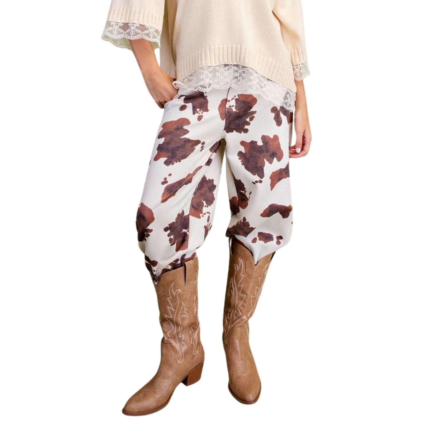 Easel Women's Cow Print Stretch Suede High Rise Wide Leg Pants, Khaki