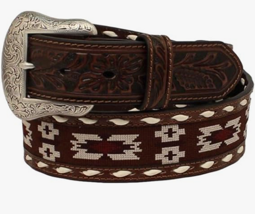 Nocona Mens Leather with Southwestern Fabric Belt, Brown, 36