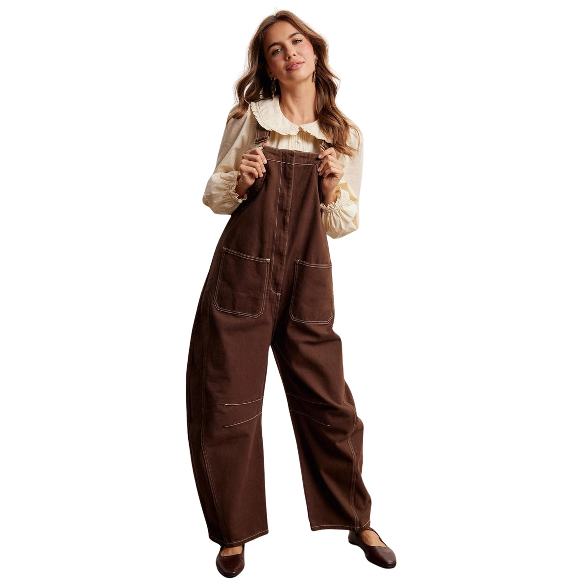 Listicle Women's Barrel Leg Utility Overall Jumpsuit, Mocha