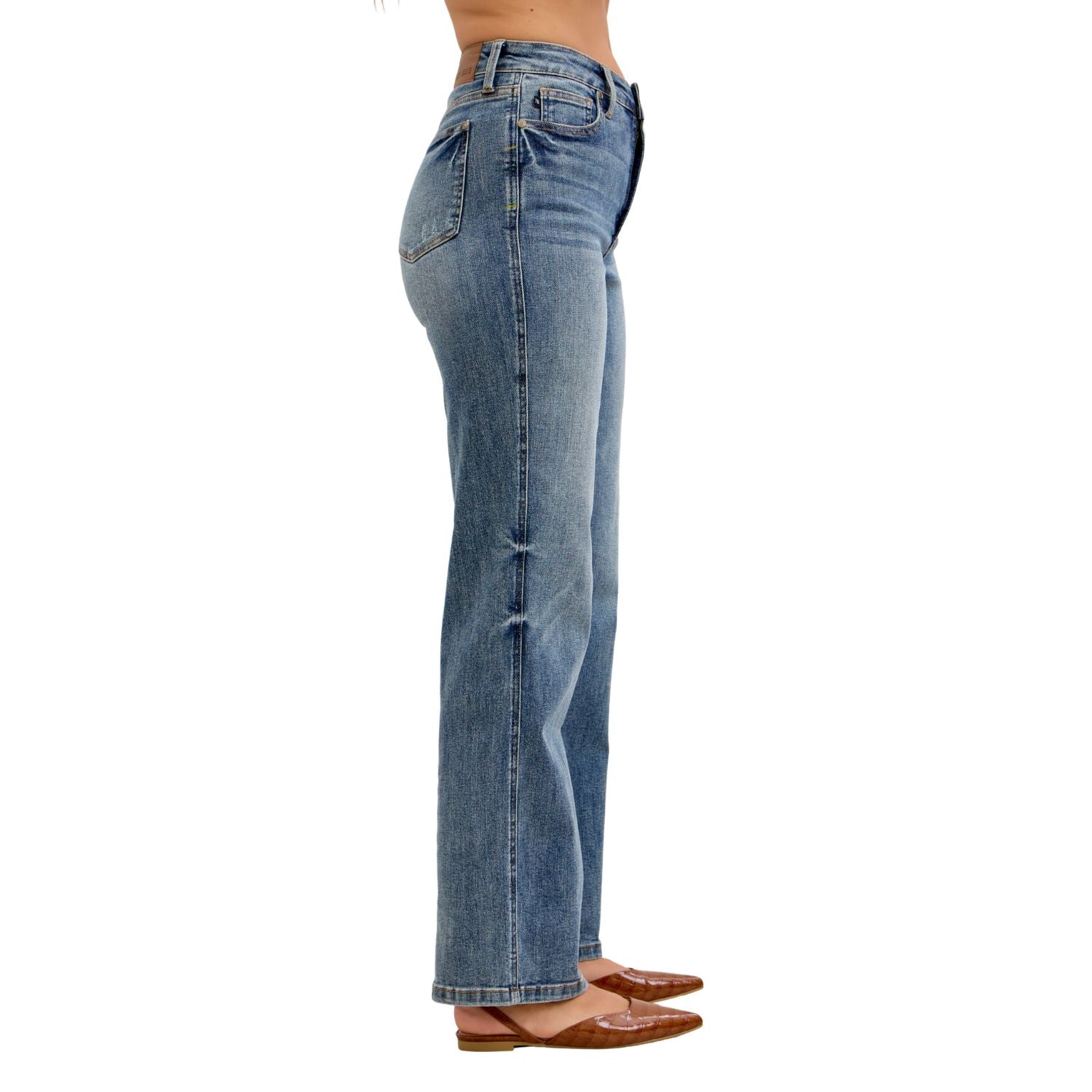 Judy Blue Womens High Rise Tummy Control Straight Jeans - Medium Blue Stretch