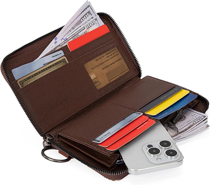 Wrangler Southwestern Art Print Leather and Canvas Wristlet Wallet -Coffee