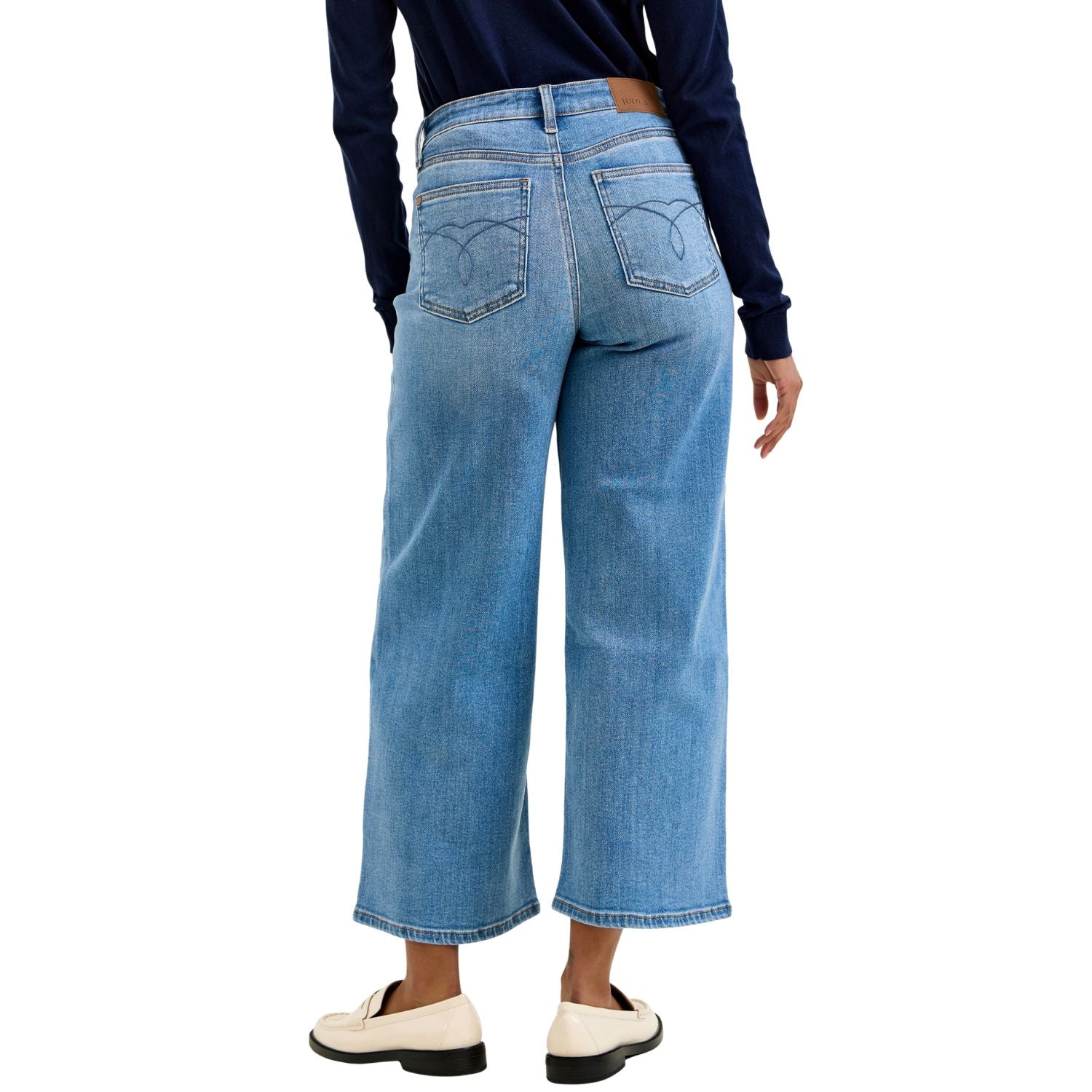 Judy Blue Womens Claudia Mid Rise Wide Leg Ankle Length Jeans- Medium Ease Blue