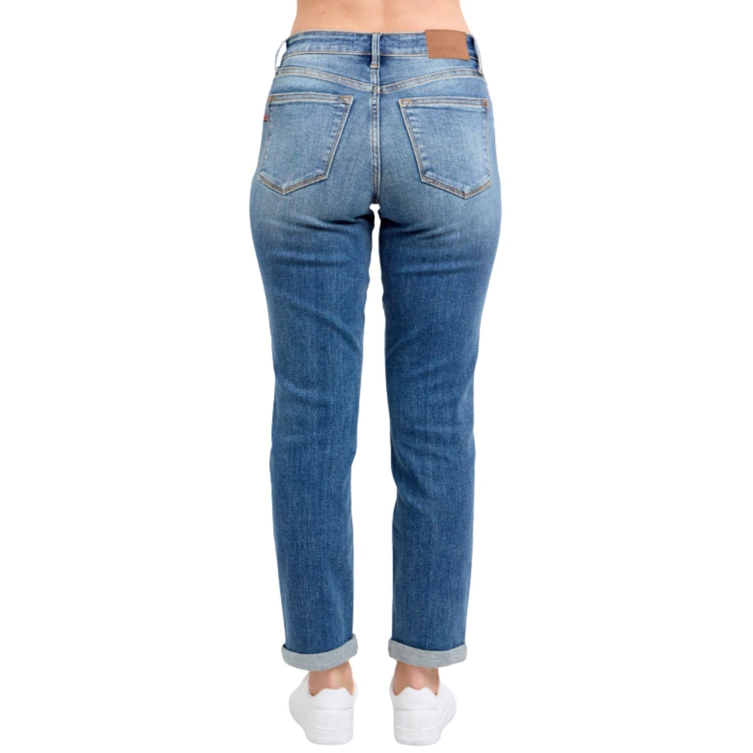Judy Blue Womens Mid Rise Vintage Wash Non-Destroy Boyfriend Cuffed Jeans