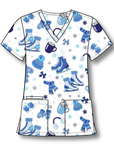 Green Town Womens V-Neck Scrub Top - Christmas Holiday Prints