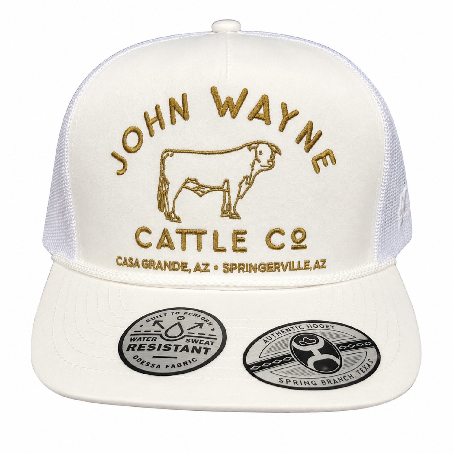 Hooey John Wayne Cattle Co. Trucker Snapback Hat, White/Gold