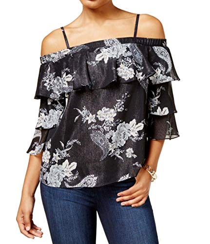 BCX Juniors Metallic Off-The-Shoulder Pullover Top (Black Paisley, X-Small)