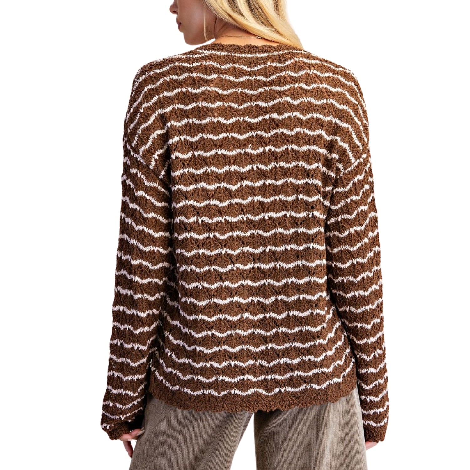 Easel Women's Two-Tone Wavy Stripe V-Neck Button Front Knit Sweater, Brown