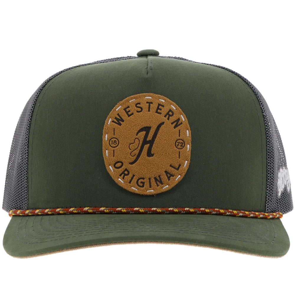 Hooey Mens "Spur" Olive and Grey with Circle Patch and Rope Detail Trucker Hat