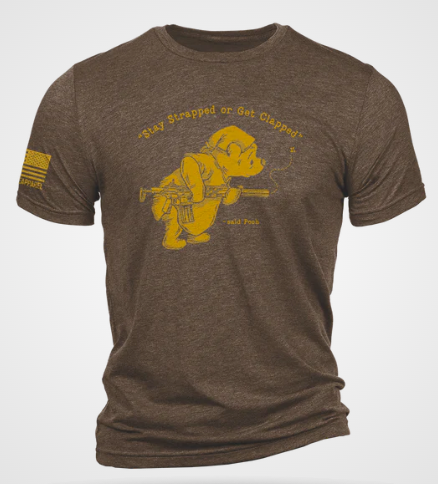 Nine Line Mens "Stay Strapped or Get Clapped" Pooh Bear T-Shirt, Brown