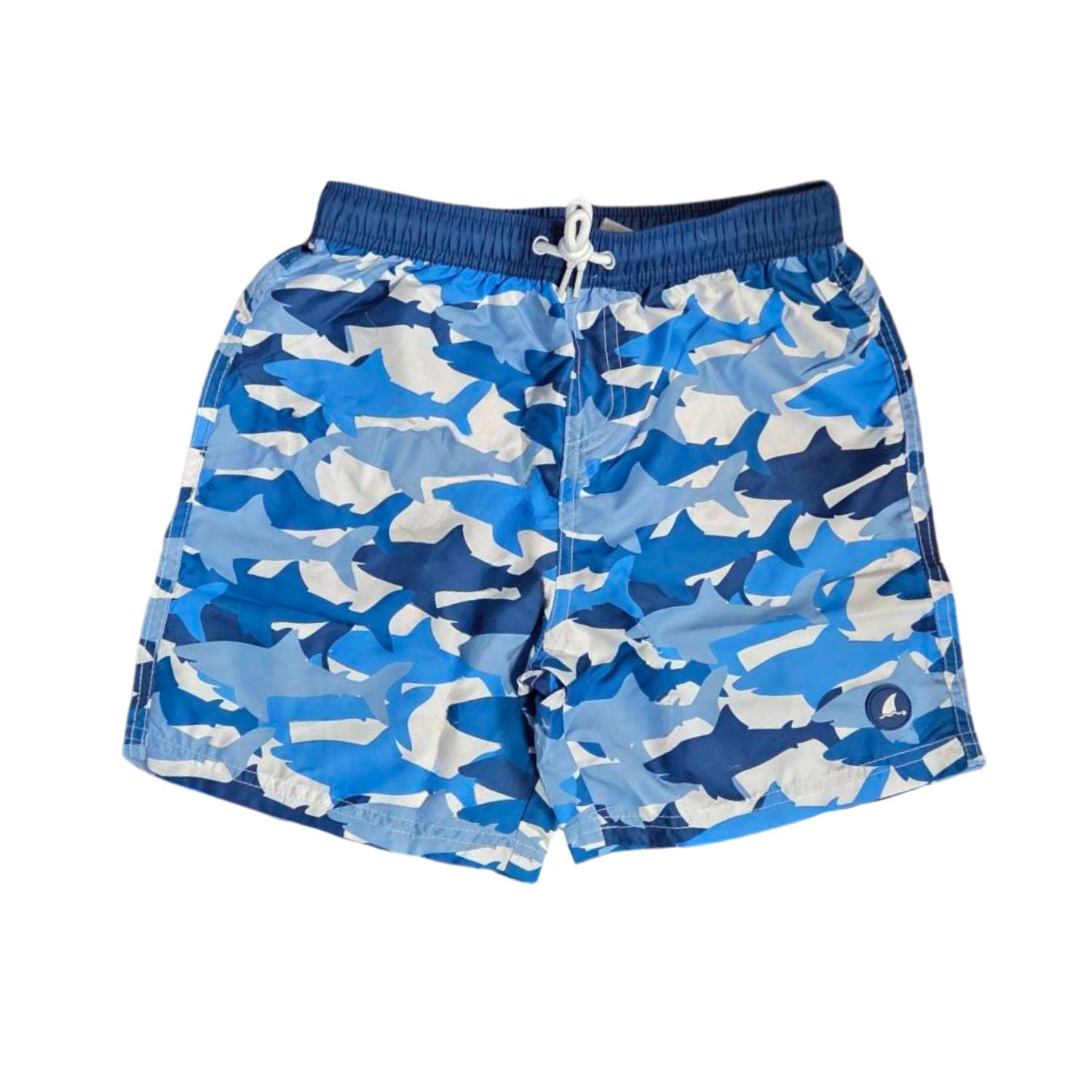 Heat Swimwear Boys Printed Tie Front Swim Trunk Board Shorts, Navy/White Sharks
