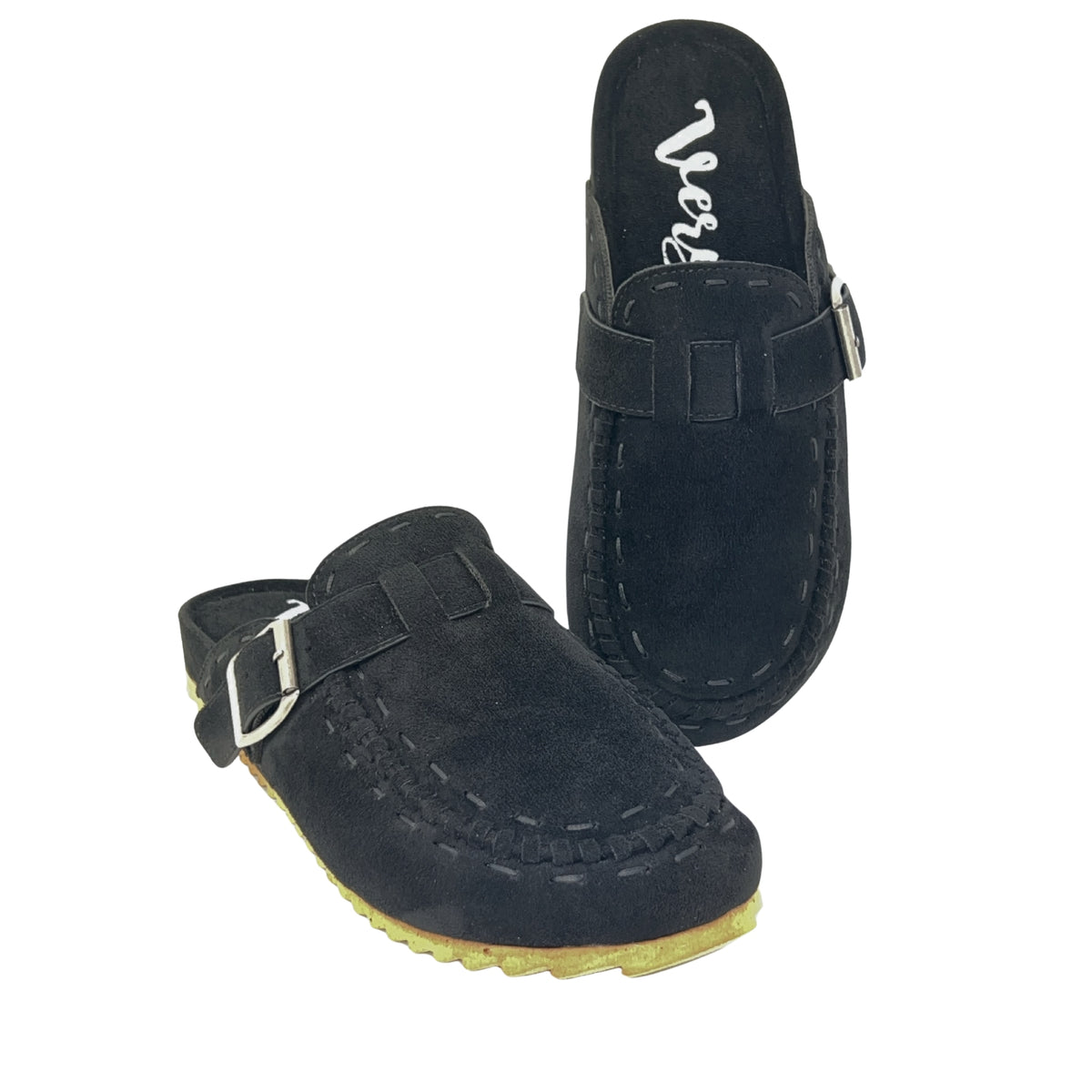 Very G Bella Women's Suede Mule Clog with Buckle Strap, Black