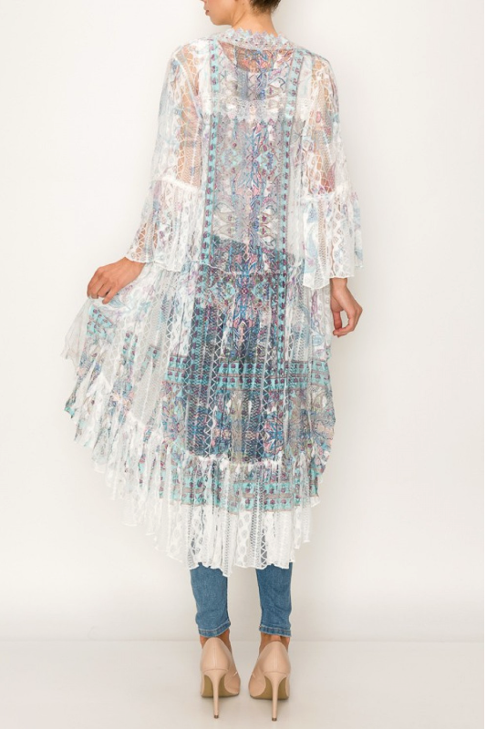 Origami Lace Western Bohemian Edge Hi Lo Cardigan - Ivory Turquoise Duster