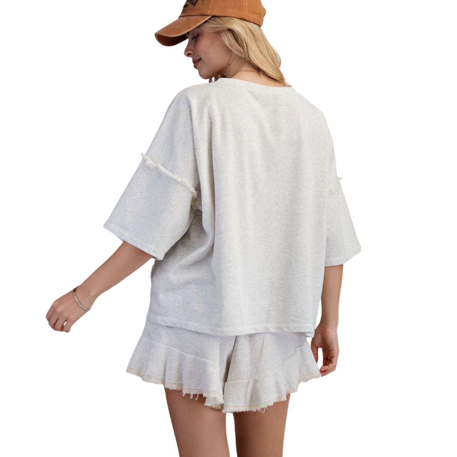 Easel Womens Oversized Drop Shoulder Washed Terry Boxy Top- Natural