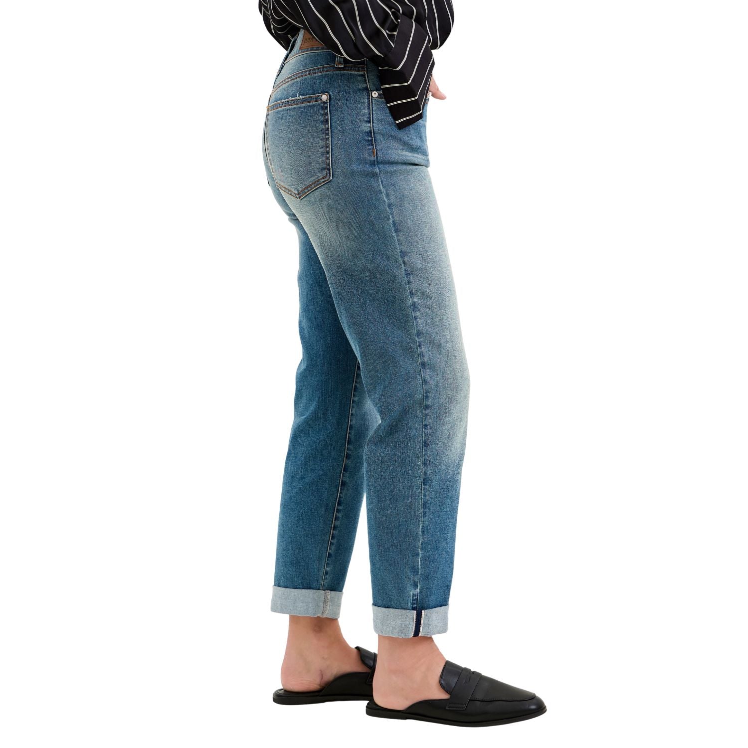 Judy Blue Womens Mid Rise Boyfriend Cool Denim Jeans With Cross Back Belt Loops
