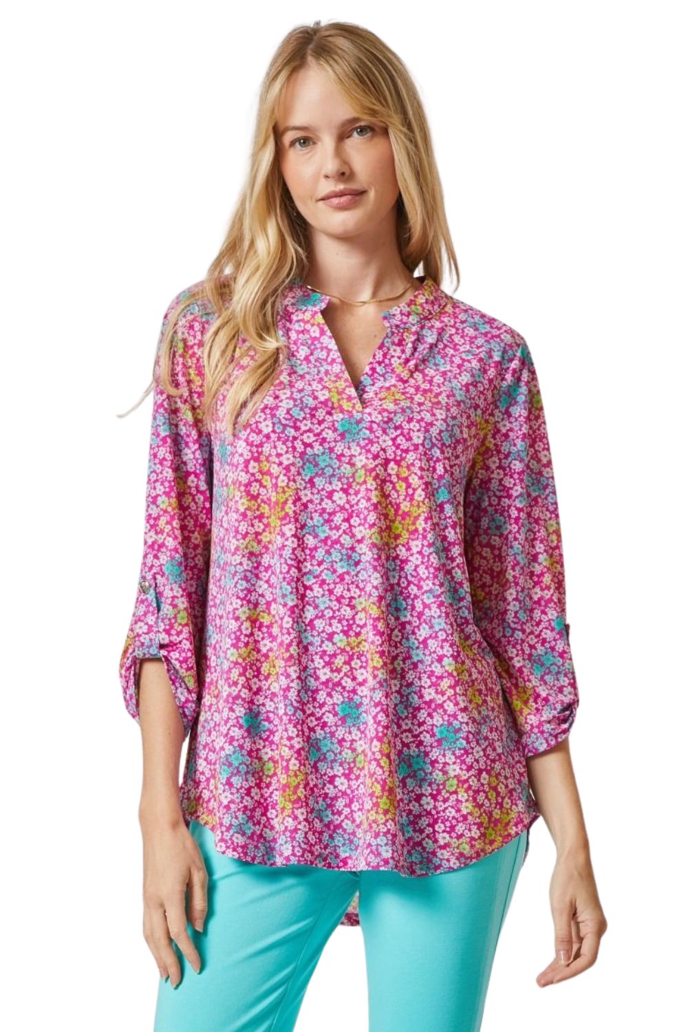 Dear Scarlett Womens Lizzy Relaxed Flowy High Low Blouse, Pink