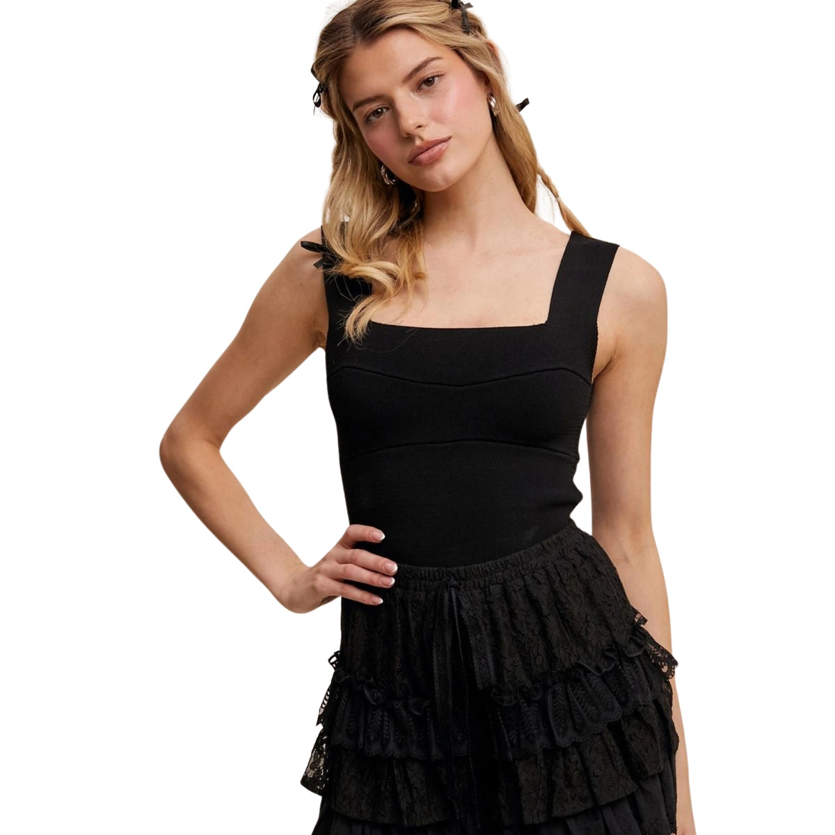 Listicle Women's Square Neck Bandage Knit Cropped Brami Top, Black