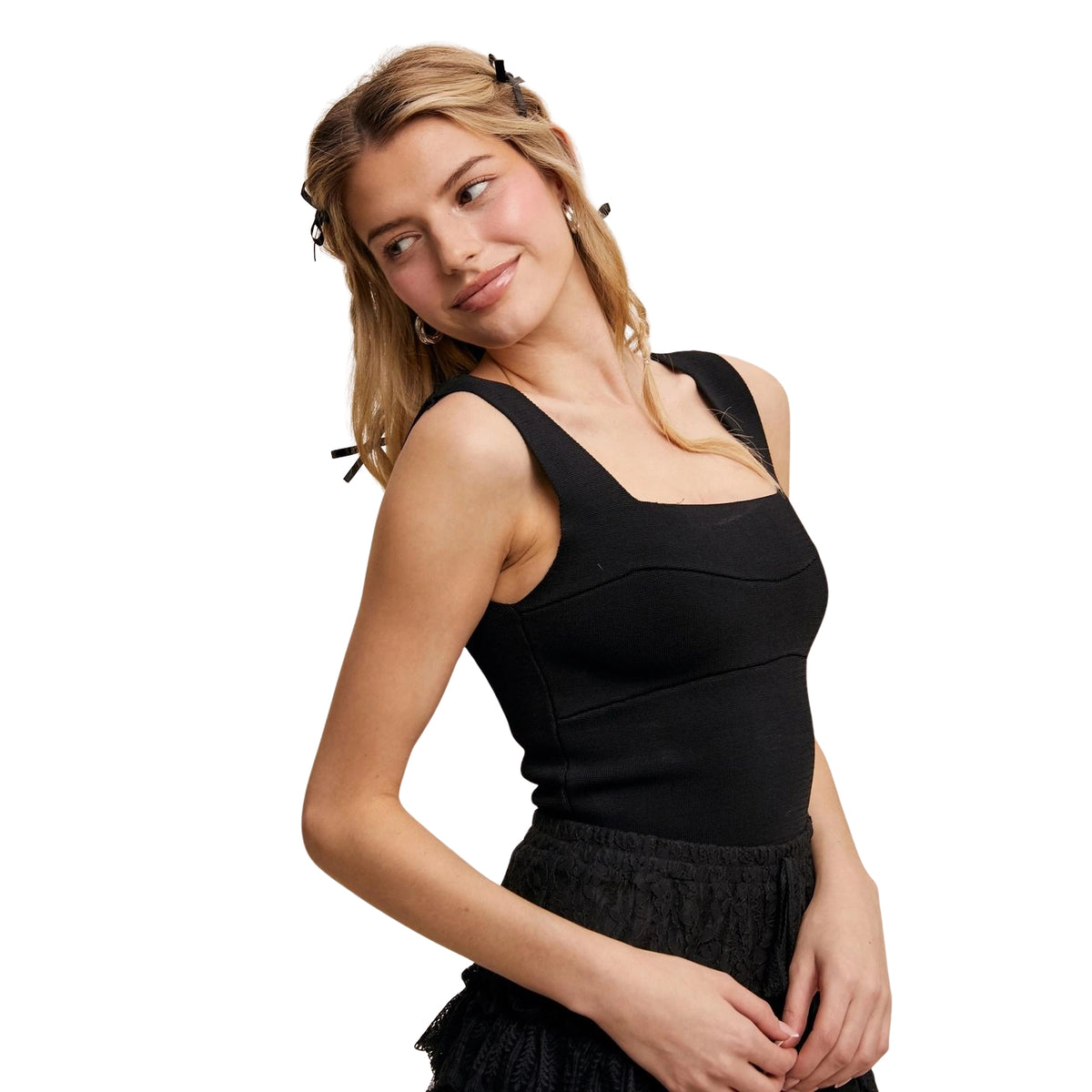 Listicle Women's Square Neck Bandage Knit Cropped Brami Top, Black