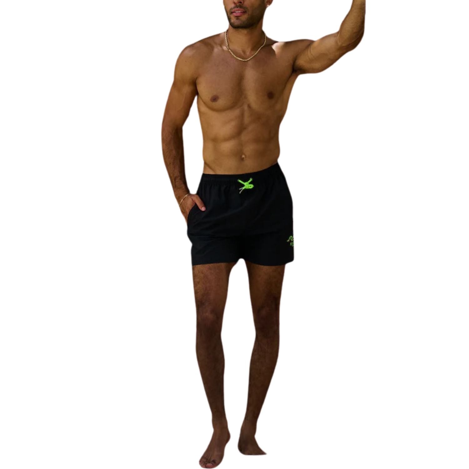 Heat Swimwear Mens Double Neon Stripe Tie Front Board Short Swim Trunks, Black